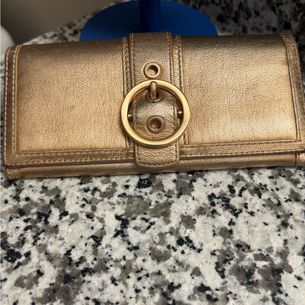Coach Metallic Bronze Wallet with Gold Ring Detail